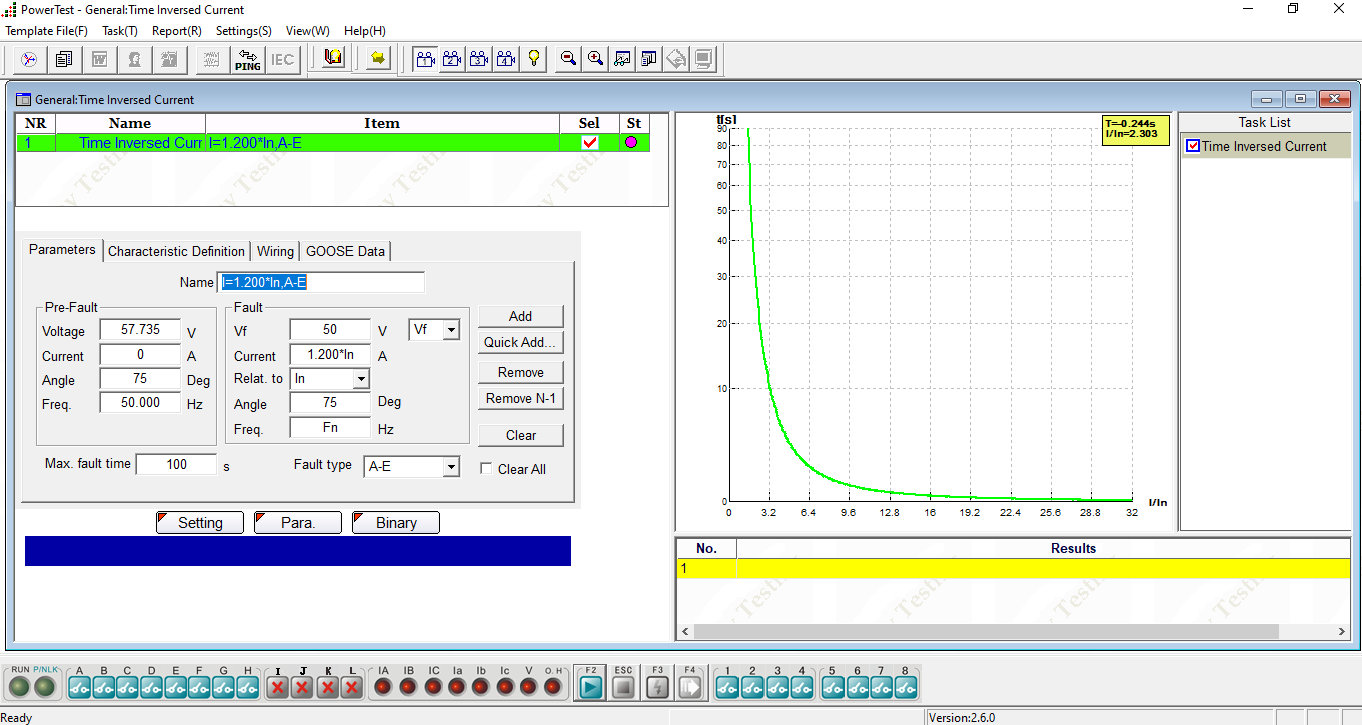 ponovo powertest 반한시 전류 보호계전기 시험 화면