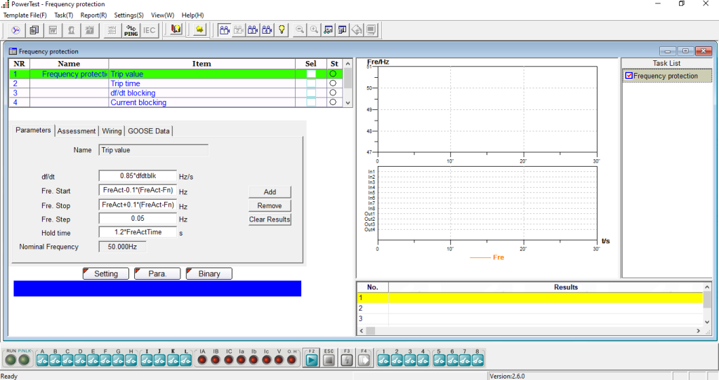 ponovo powertest 주파수 보호 및 rocof 시험 화면